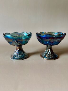 Indiana Glass Grape & Leaf Blue Carnival Candlestick Holders Set of 2 | 1970s